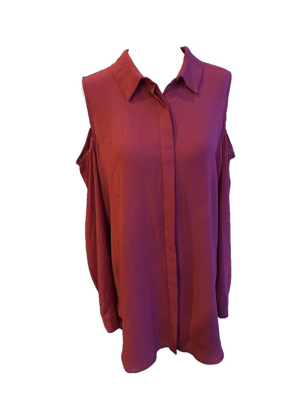 Pleione Off Shoulder Burgundy Blouse Size L Sheer Lined Floaty